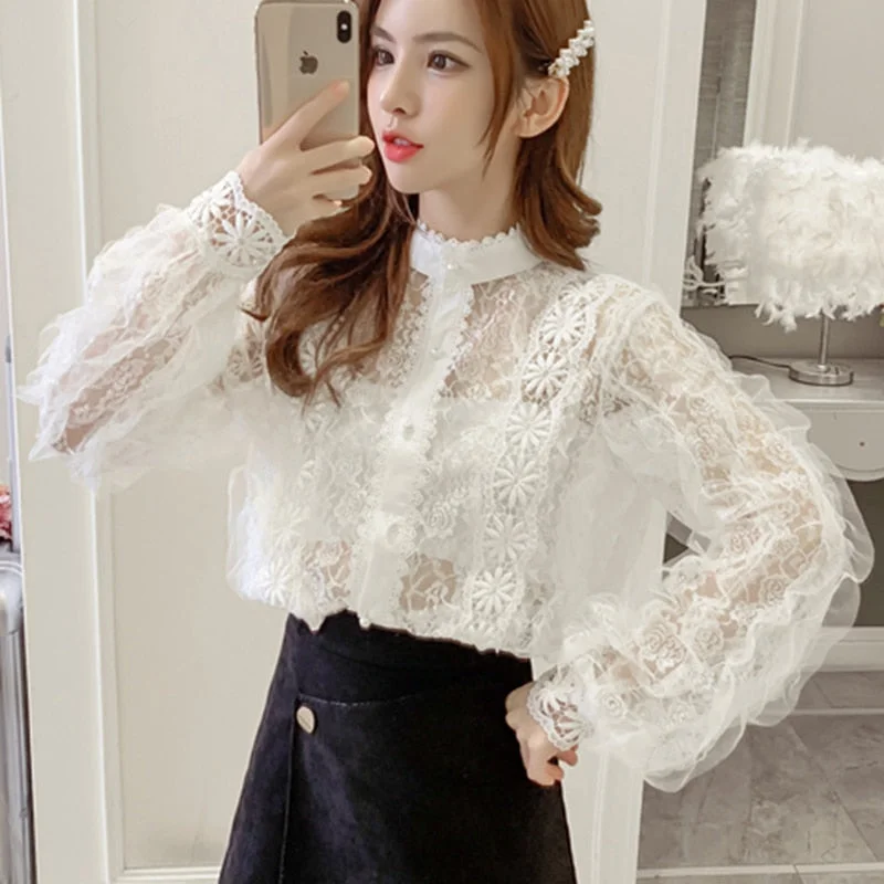Huiketi Vintage Crochet Women's Shirts Stand Collar Loose White Blouse See-through Lace Stitching Long Sleeve Shirt Tops 13339