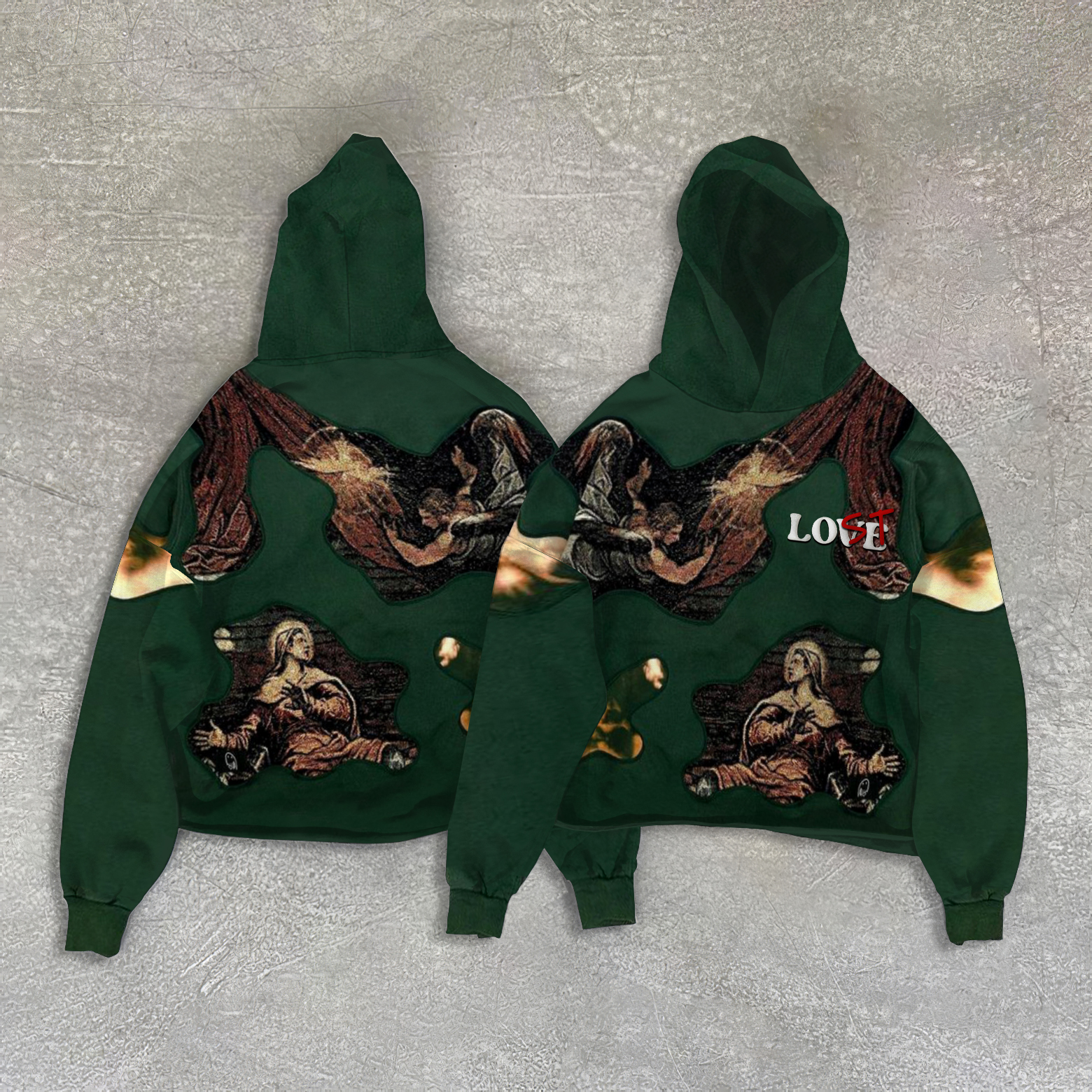 Loveciss "Religious Art"X"Lost” Green Print Fleece-Lined Hoodie