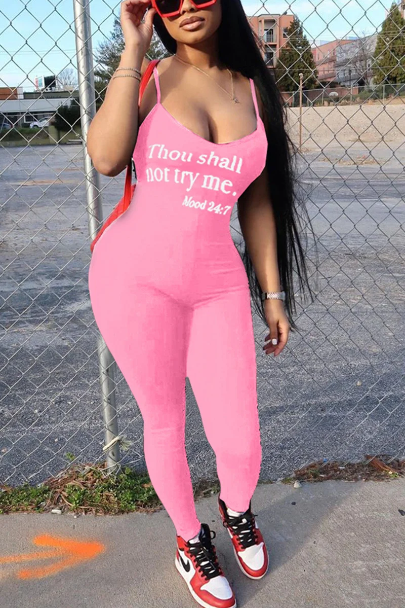 Pink Sexy Letter Print Sling Slim Jumpsuit | EGEMISS