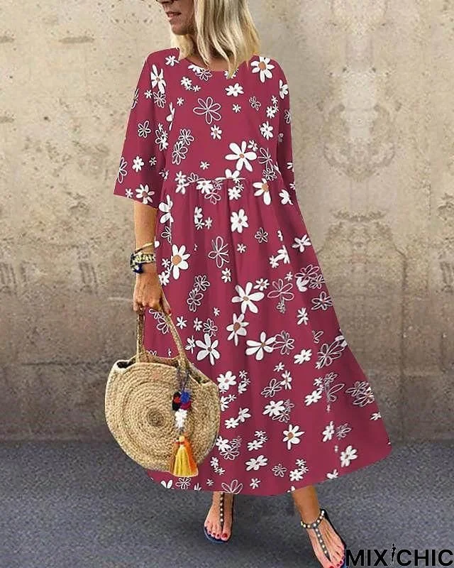 Women's Swing Dress Maxi Long Dress Half Sleeve Print Summer Casual Cotton Black Blue Wine