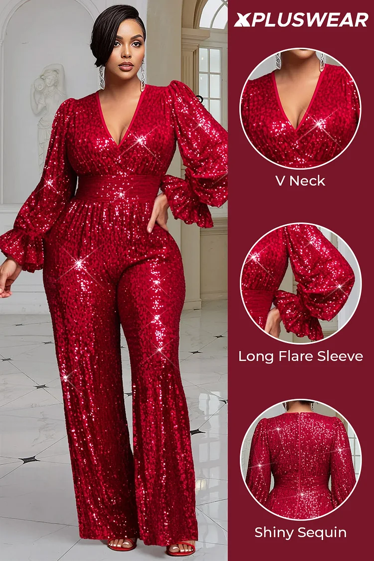Xpluswear Design Plus Size Christmas Red V Neck Flare Long Sleeve Ruffle Elegant Sequin Jumpsuits [Pre-Order]