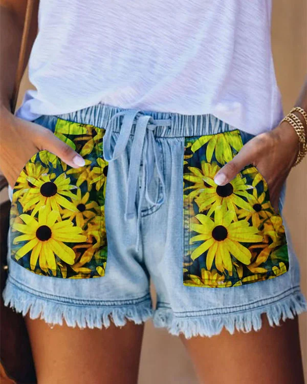 Adjustable Drawstring Floral Print Casual High Waist Denim Shorts