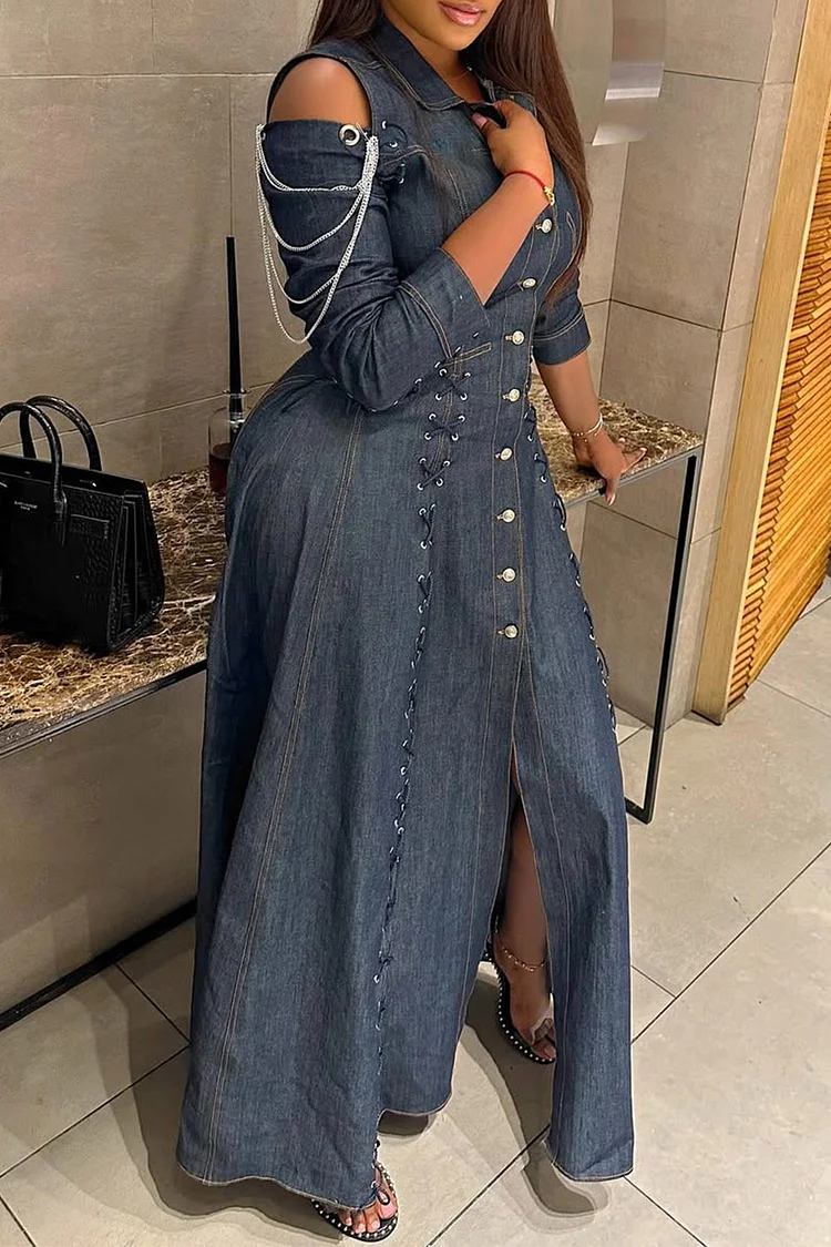 Plus Size Business Casual Blue Casual Shirt Collar Long Sleeve Lace Up Cut Out Denim Maxi Dresses [Pre-Order] 2024 - Xpluswear