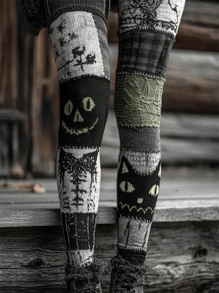 Women's Retro Halloween Contrast Color Comfortable Knitted Print Leggings 