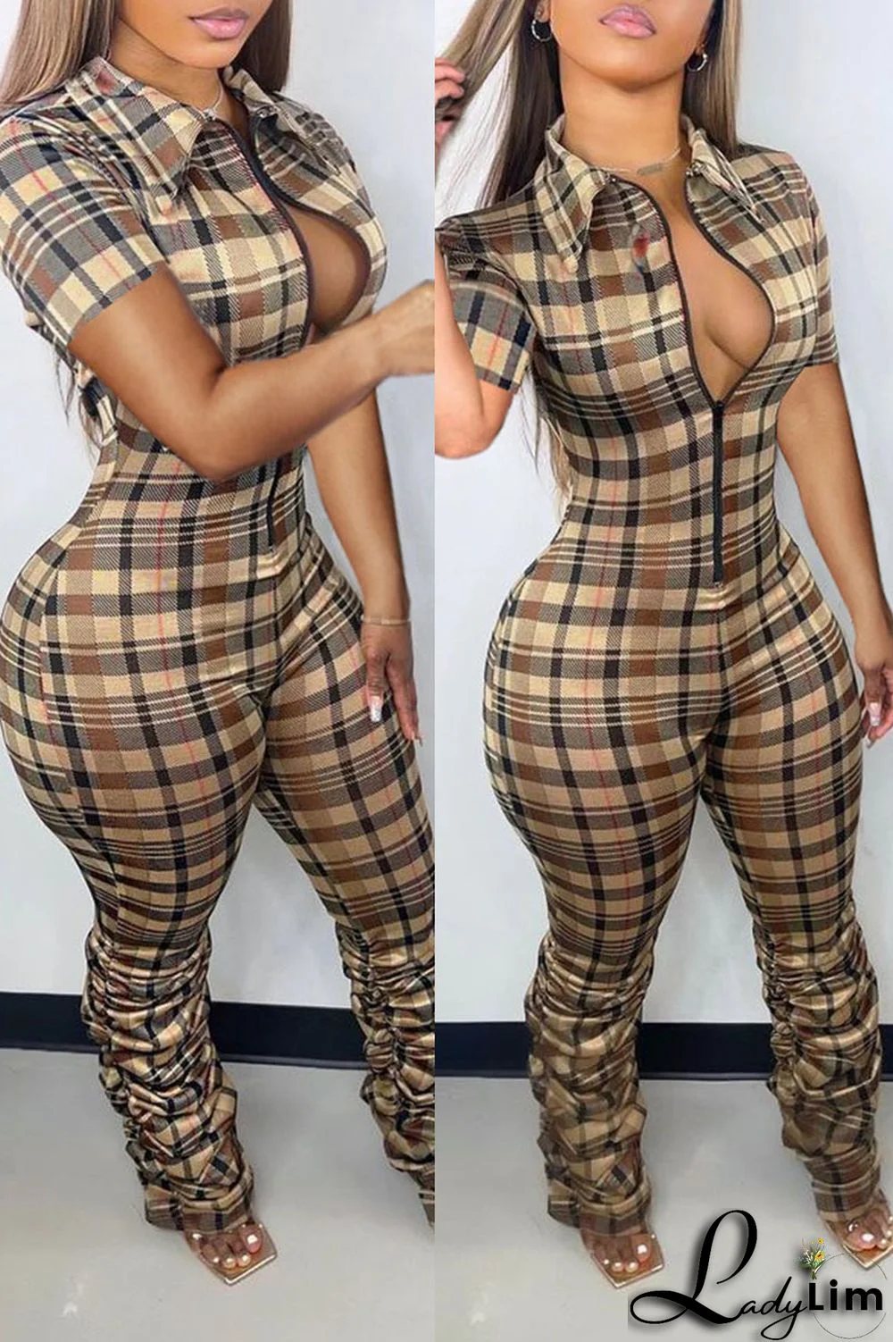 Khaki Sexy Plaid Print Split Joint Zipper Collar Regular Jumpsuits