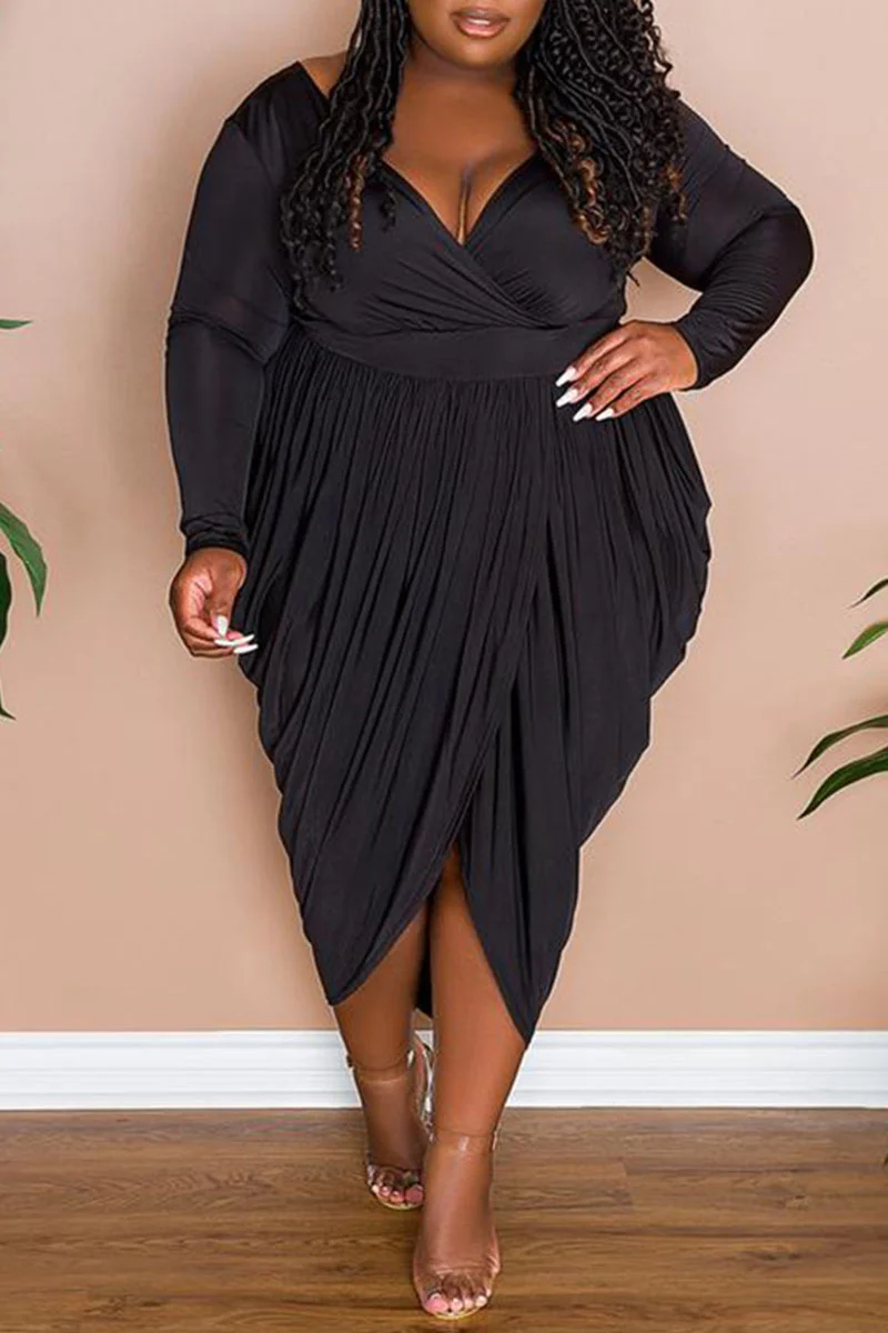 Black Casual Solid Split Joint Asymmetrical V Neck Long Sleeve Plus Size Dresses