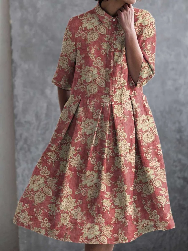 Women's Vintage Lovely Floral Art Print Pocket Cotton Dress