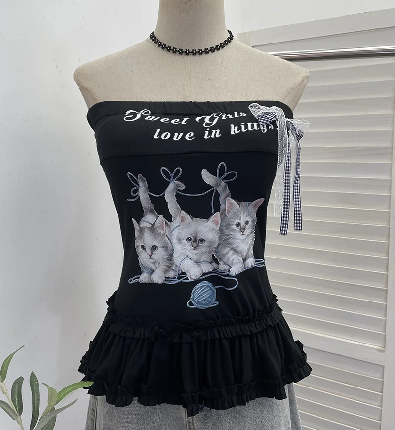 Nigikala Nigikala Kitten Print Bow Sweetheart Hottie With Chest Pads With Chest Bra Vest Wooden Ear Top 1270