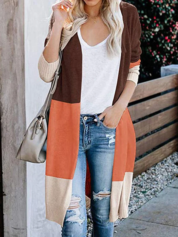 Contrast Color Long Sleeves Loose V-Neck Cardigan Tops