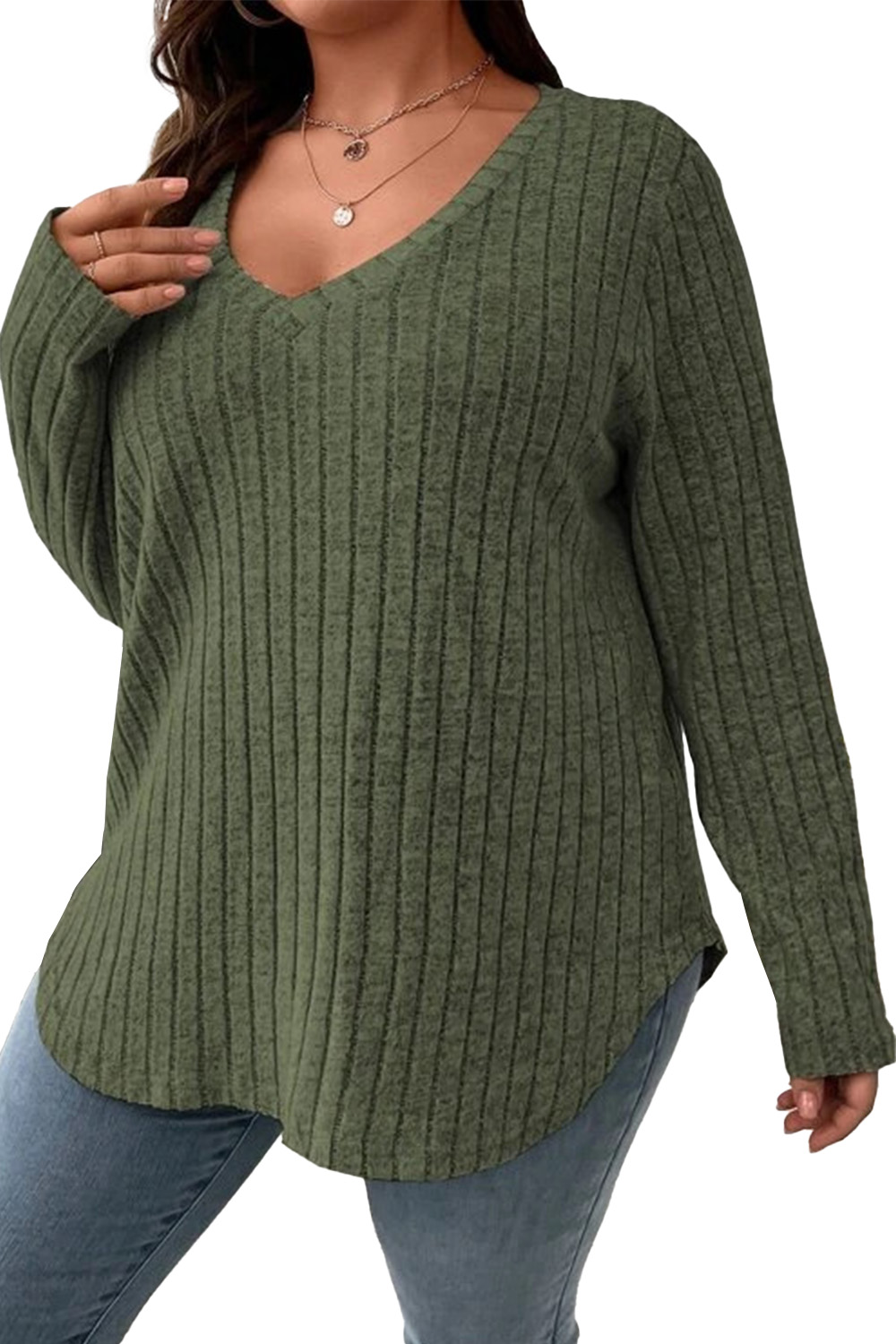 Plus Size Everyday Green Pit Strip Long Sleeve Blouse 2024 - Flycurvy 
