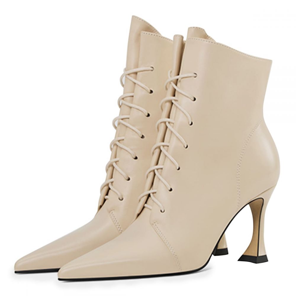 Women's Beige Lace Up Boots Pointed Toe Flared Heel Fashion Boots Nicepairs