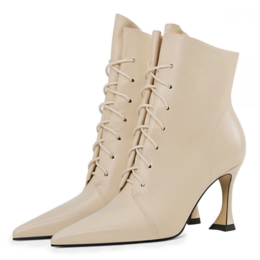 Nude Tennie Lace Up Pointy Toe Flared Heel Boots Nicepairs