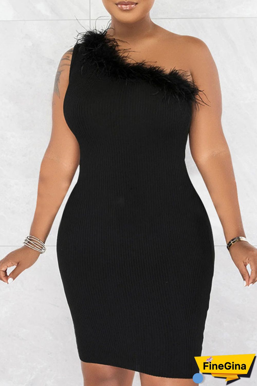 Black Sexy Solid Patchwork Feathers Oblique Collar One Step Skirt Dresses