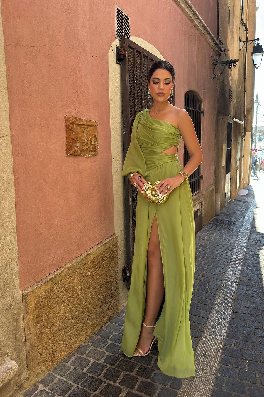Lvs&Broner Tulle One Shoulder Long Sleeve Long Prom Dress With Front Split