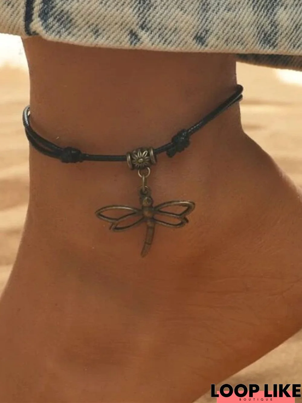 Boho Vintage Dragonfly Pattern Leather Rope Anklet Beach Vacation Jewelry