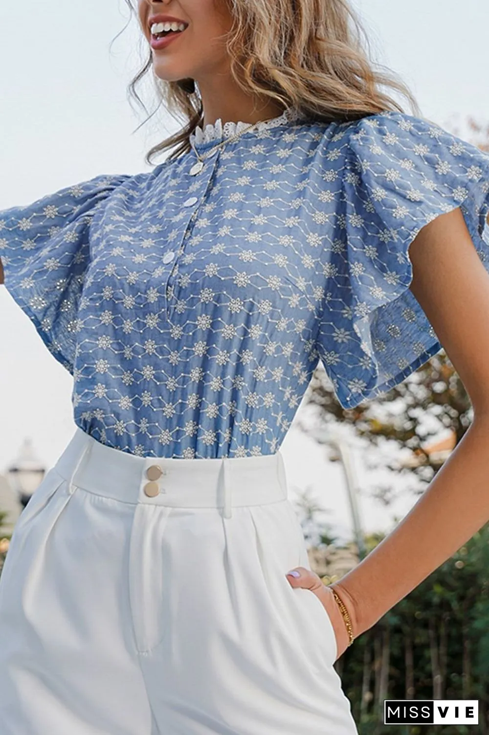 Lace Neck Ruffle Hollow-Out Blouse