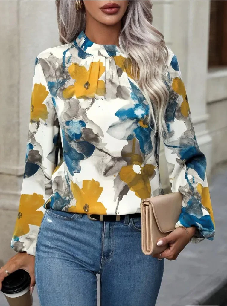 Huiketi Women's Casual Shirts Spring Autumn New Painted Big Flower Folds Fashion Blouse Losse Pullover Top Boho Female Clothing
