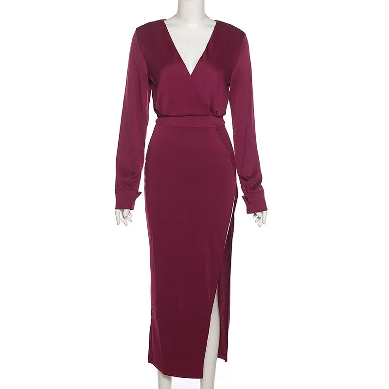 WannaThis V Neck Long Sleeve Midi Dresses High Split  Autumn 2021 Vintage Chic Party Wear Elegant Female White Aesthetic Dresses