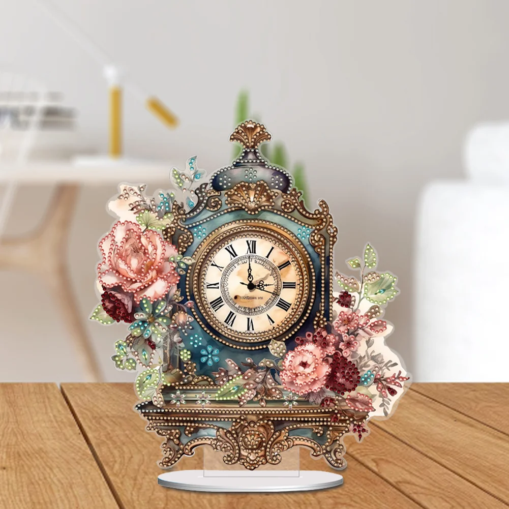 DIY Vintage Flowers Acrylic Special Shaped 5D Diamond Painting Clock Art Craft