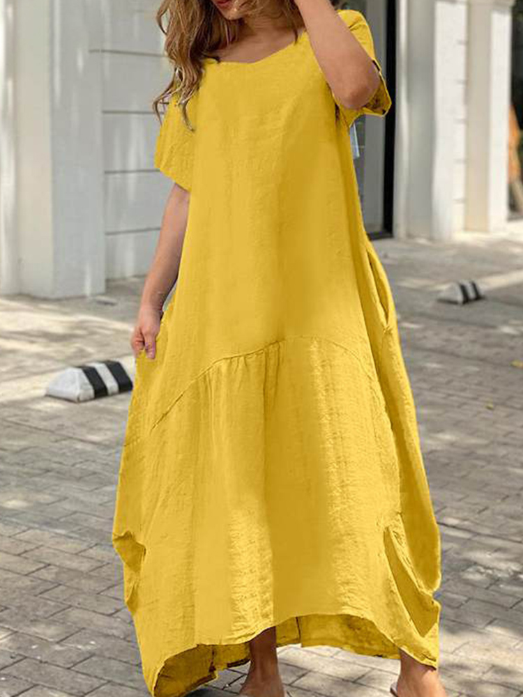 Fashion Cotton Linen Pocket Casual Short Sleeve O Neck Loose Dress