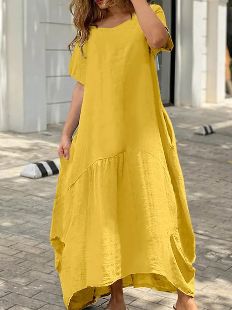 Fashion Cotton Linen Pocket Casual Short Sleeve O Neck Loose Dress