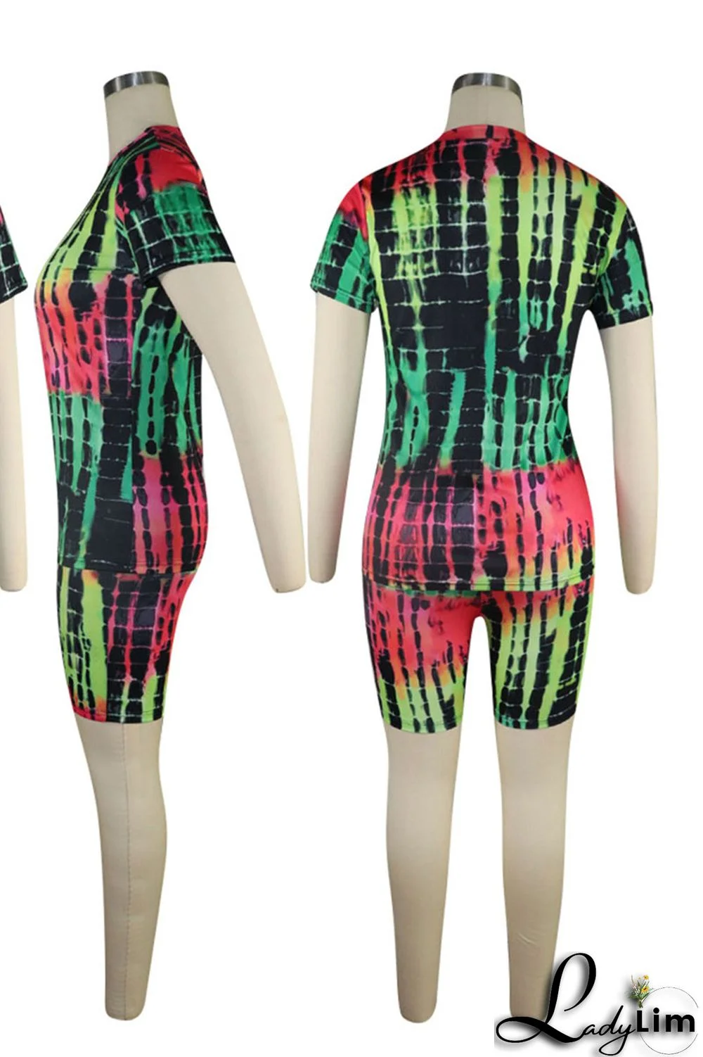 Green Casual Print Split Joint O Neck Short Sleeve Two Pieces