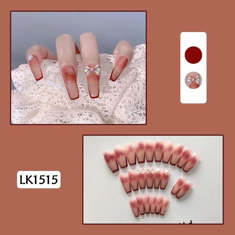 24pcs Butterfly Print Nails Patch Glue Type Long Paragraph Fashion Manicure Patch False Nails Save Time Nail Patch New SANA889-Nail Inspo