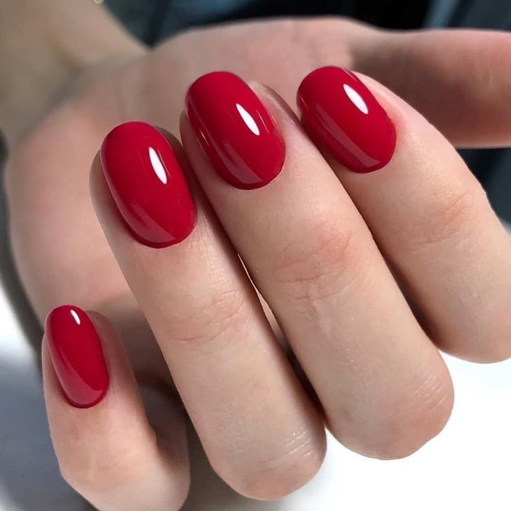24Pcs Shiny Wine Red Short Fake Nails For Design Press On Artificial False Fingernails With Jelly Glue Salon Tips Manicure Tool