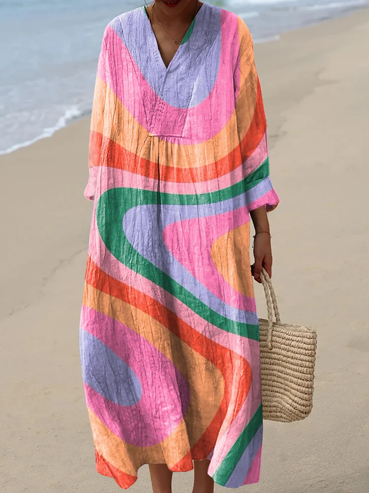 Womens Rainbow Strip Art Pattern Print Casual Cotton And Linen Dress