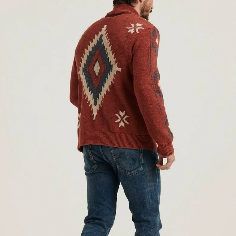 Lapel Jacquard Men's Knitted Cardigan