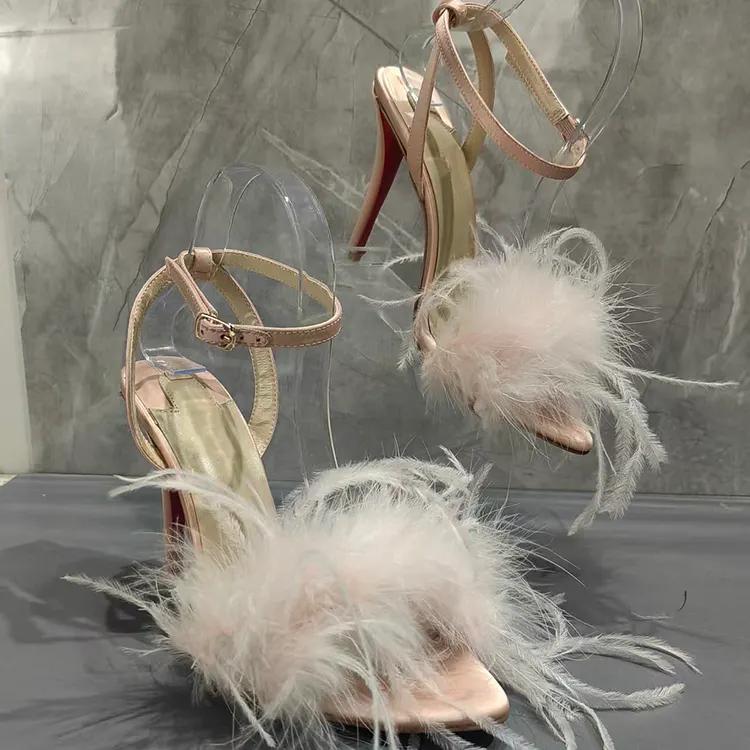 100mm Women's Heel Strappy Stiletto Pumps Feather Embellished Silk Red Bottom Sandals Party Shoes VOCOSI VOCOSI