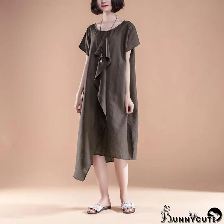 Fine linen cotton dress plus size clothing Short Sleeve High-low Hem Summer Casual Dress