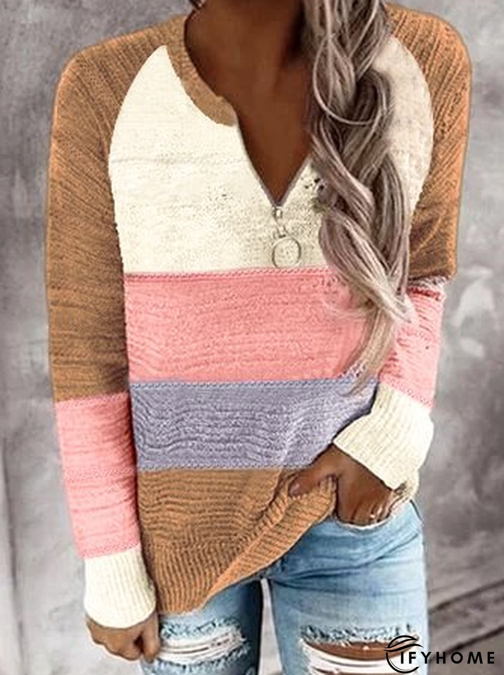 Color Blocking Long Sleeve Shift Casual Sweater with zipper | IFYHOME
