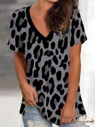 V-neck Leopard Print Short-sleeved T-shirt