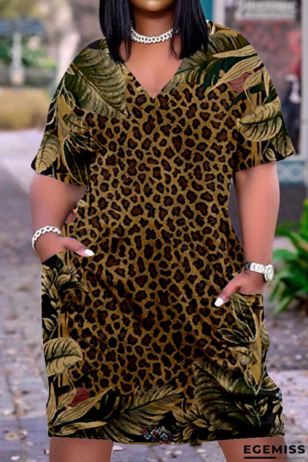 Brown Fashion Casual Print Basic V Neck Short Sleeve Dress | EGEMISS