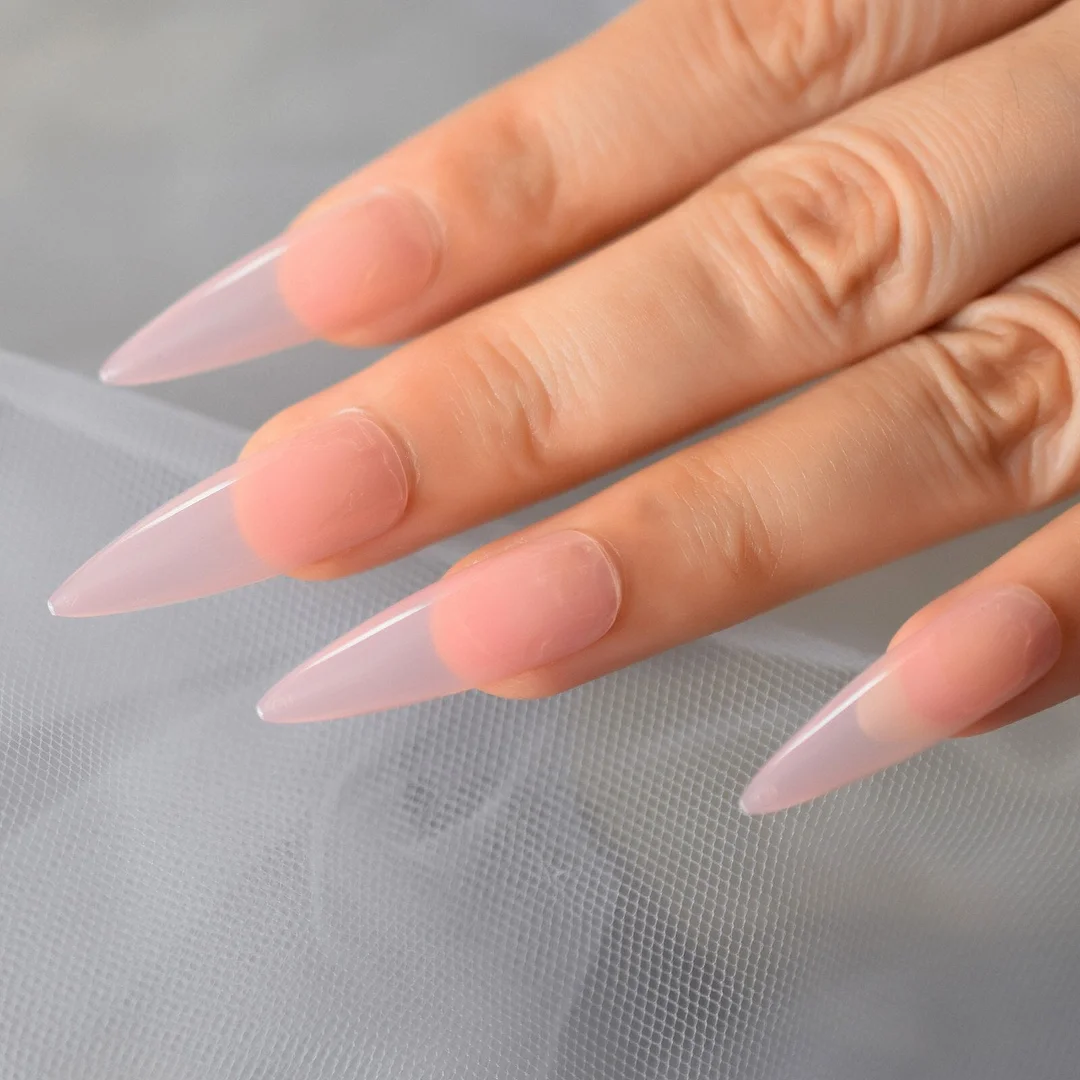 Long Stiletto Nude Pink Faux Ongles Fake Nails Sharp Glossy Gel Nail Tips Full Cover Solid Color Press On False Nail Salon-Nail Inspo