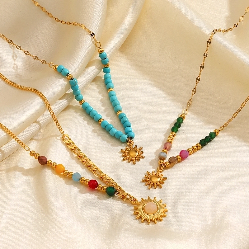 Retro Sun 304 Stainless Steel Turquoise Pendant Necklace