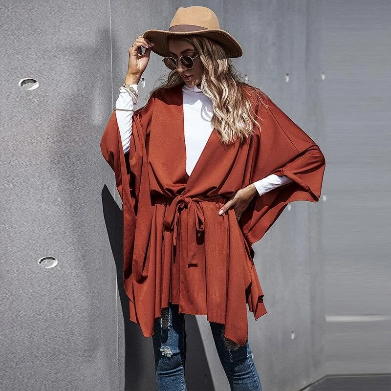Women Casual V-neck Sashes Cape Coat Elegant Flare Sleeve Streetwear Oversize Loose Coat  Autumn Fashion Cloak Coat Vintage