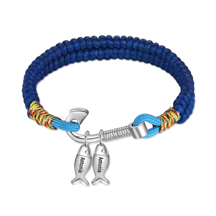 Braided Fishing Hook Bracelet with 2 Fish Charms Custom Names Men's Bracelet
