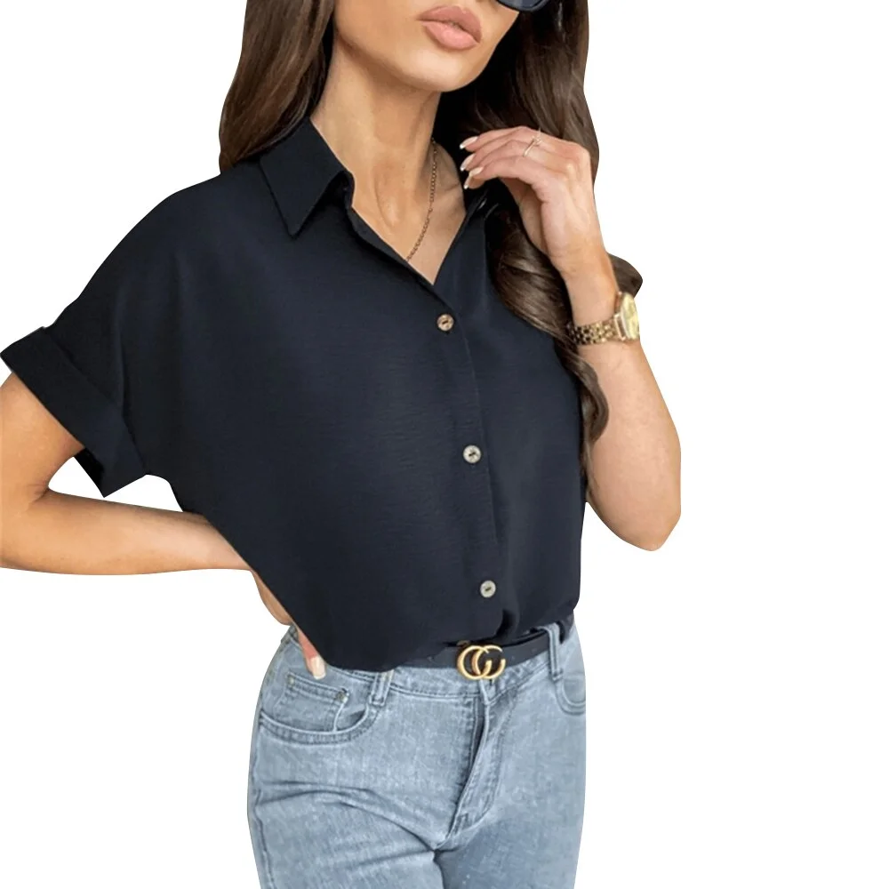 Summer Casual Loose T Shirt Ladies Pullover Solid Short Sleeved Tops Fashion Office Lady Work Clothing Blusa Female Shirts D30