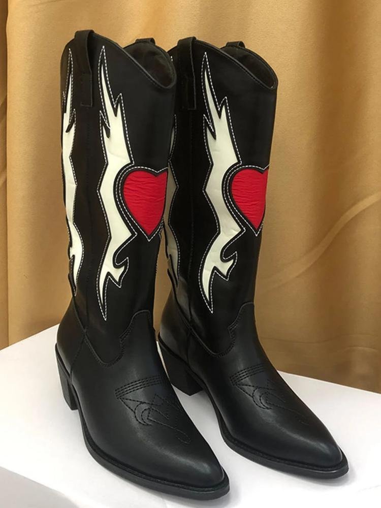 Heart Slanted Heel Pointed Toe Western Mid Calf Boots