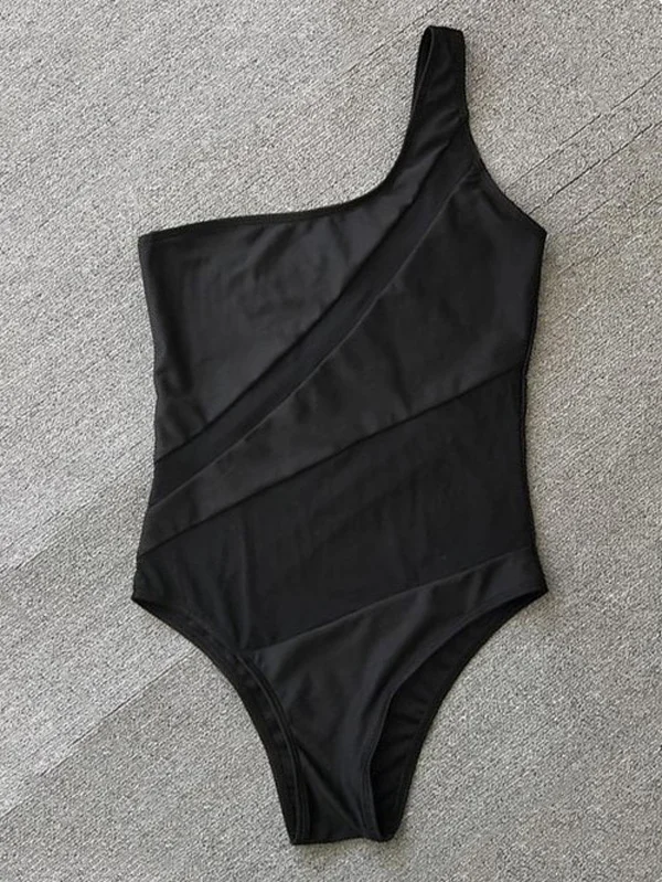 Gauze Split-Joint One-Shoulder One-Piece Swimwear 