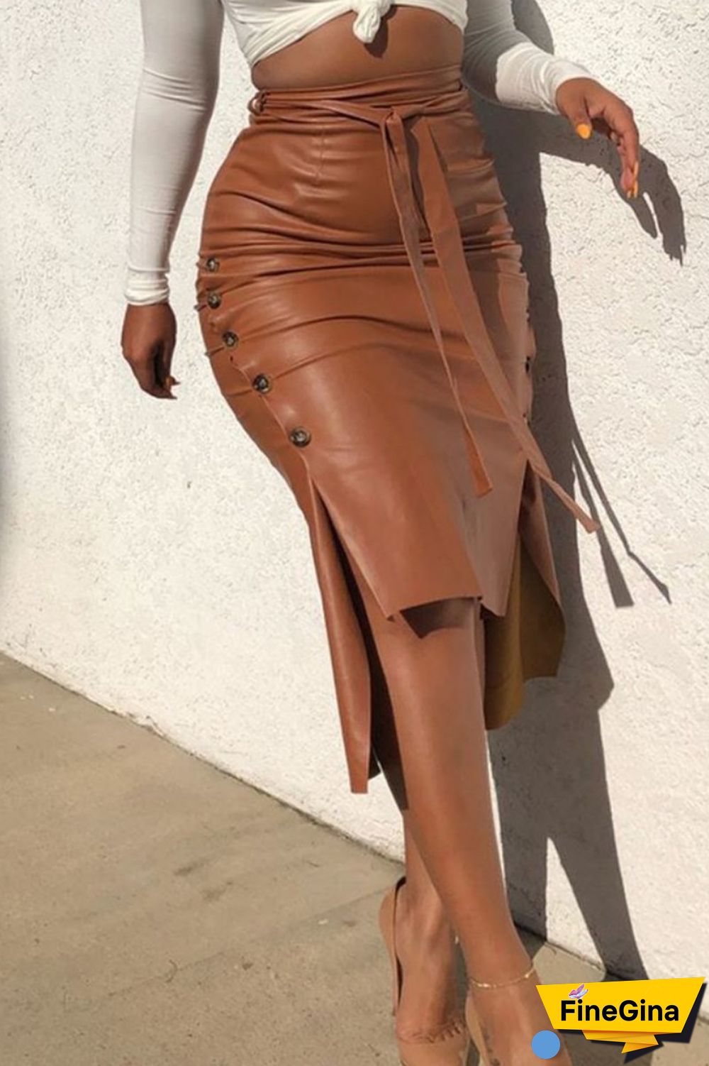 Camel Casual Solid Slit Skinny High Waist Type H Solid Color Skirts