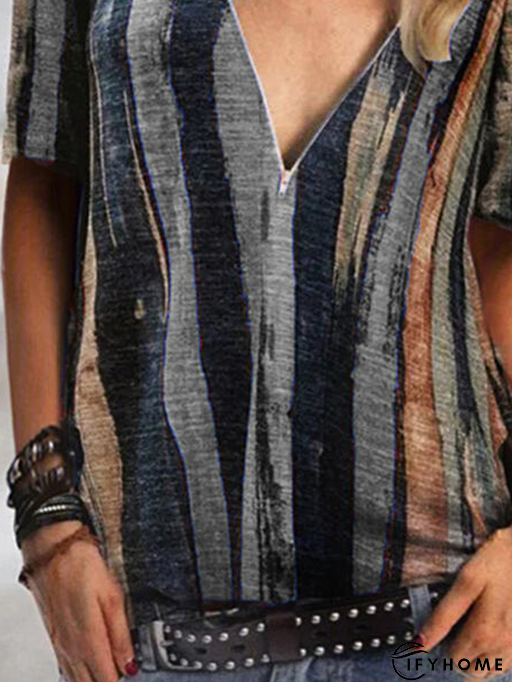 Color-block V Neck Casual Short Sleeve T-shirt | IFYHOME