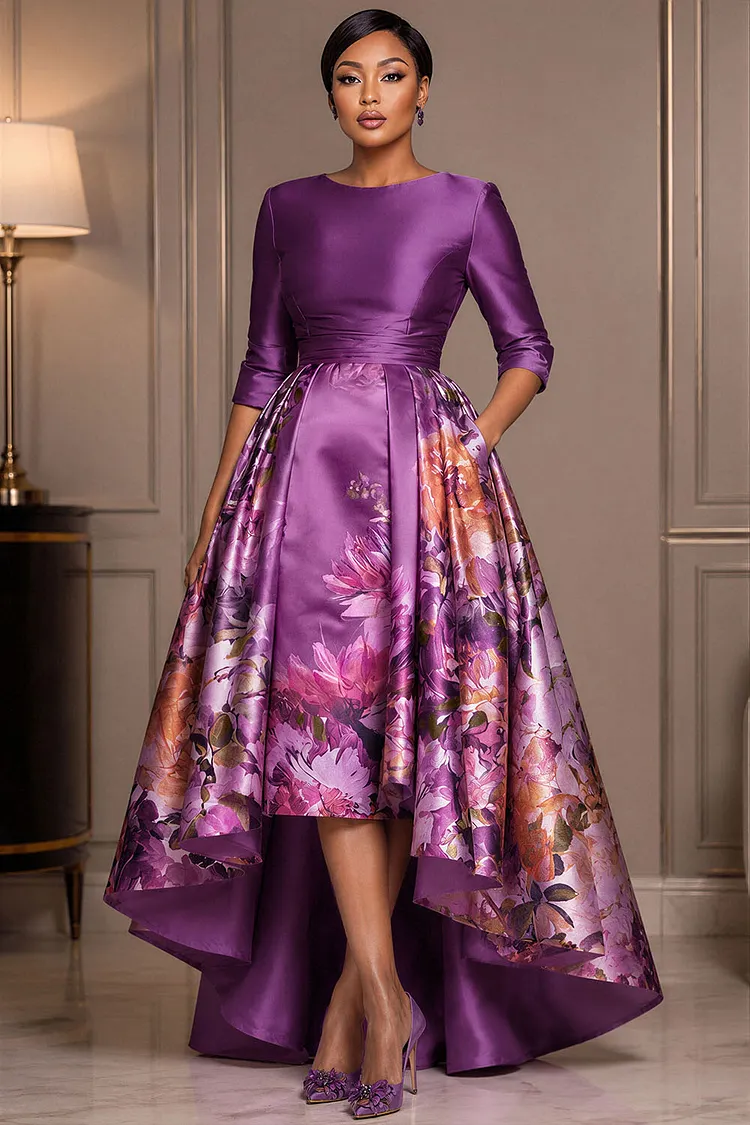 Xpluswear Design Plus Size Formal Purple Floral Round Neck Half Sleeve Pocket With&nbsp;Skirt&nbsp;Overlay&nbsp;Satin Midi Dresses [Pre-Order] 2024 - Xpluswear