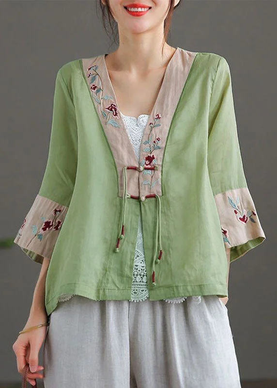 Green Patchwork Cotton Linen Loose Shirts Tassel Embroideried Bracelet Sleeve