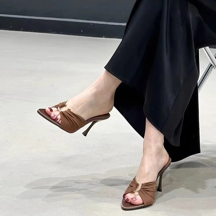 Yyvonne Spring And Summer New High-Heeled Metal Buckle Folded Tip-Toed Cool Slippers Sexy Fine And Lady Cloth Slippers