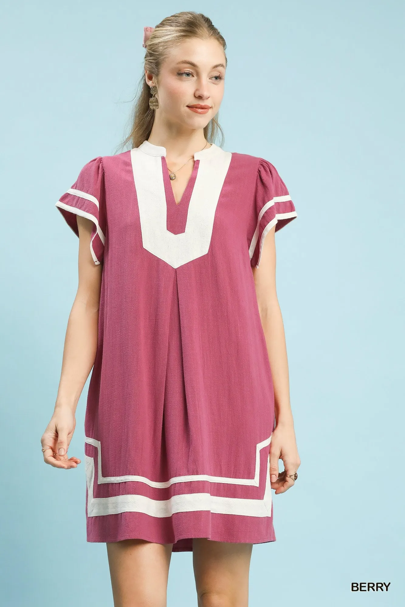 Umgee Linen Contrast Trim Short Sleeve Dress mysite idetrend