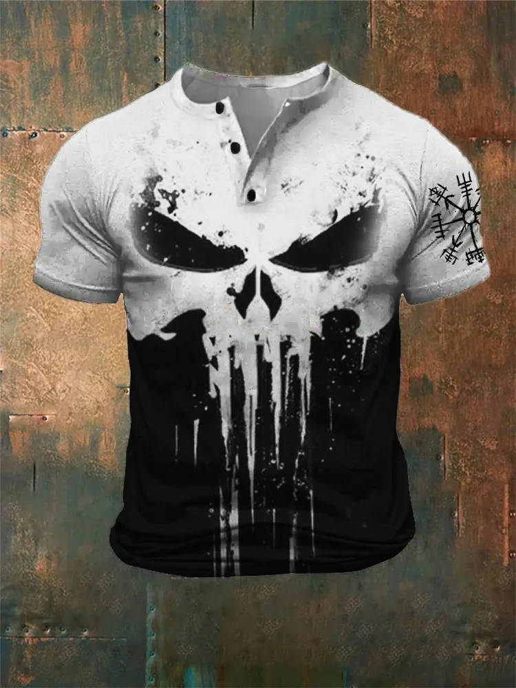 Tiboyz Men's Viking Vegvisir Skull Contrast Color Henley Shirt