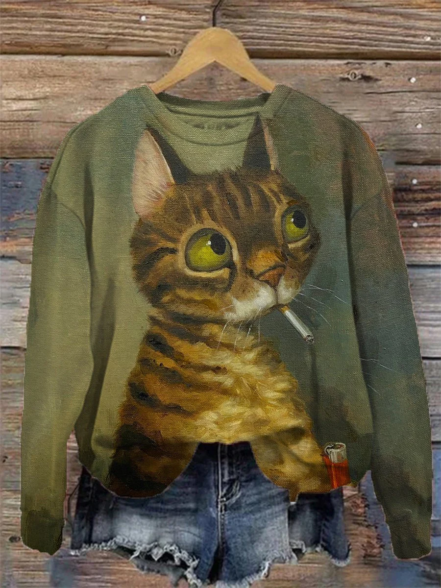 Retro Funny Cat Portrait Art Print Casual Sweatshirt